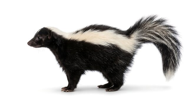 A side view of a striped skunk standing on a white background.