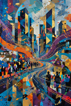 Generated abstract illustration with city-theme concepts of infrastructure, nature park, mass transportation, traffic network.