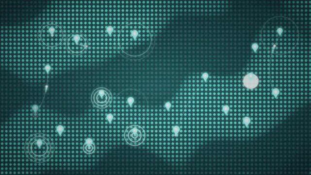 Abstract Dotted World Map with Dropping Location Pins and Pulsing Radar Rings, Global Network Business Background, seamless loop in bright teal tones