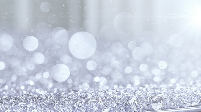 Elegant bokeh background of sparkling silver particles and white
