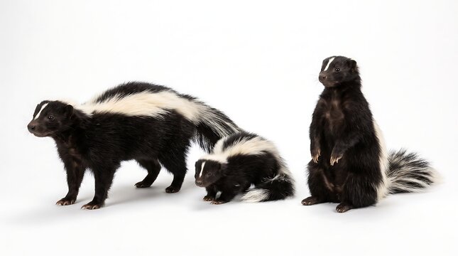 Three striped skunks standing and sitting together isolated on a white background.