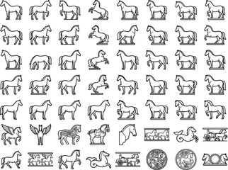 Obraz premium A collage of stylized horse illustrations in various poses and artistic interpretations, showcasing the creature's grace and power in diverse artistic styles.