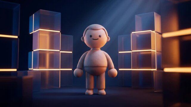 データ分析空間で落ち込んだ姿勢から立ち直って前を向くクレイマスコットの3D映像