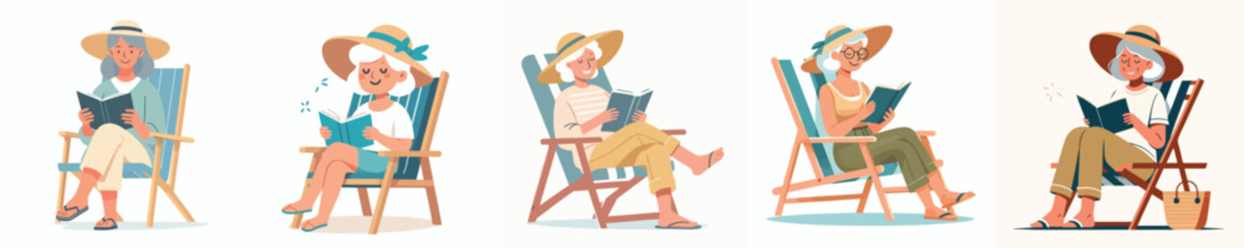 Vector illustration of a grandma sitting on a beach chair reading a book with summer clothes