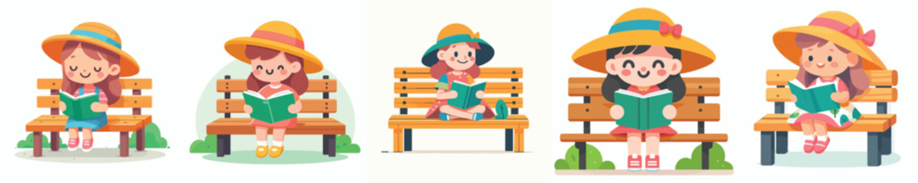 Vector illustration of a little girl sitting on a park bench reading a book in the summer