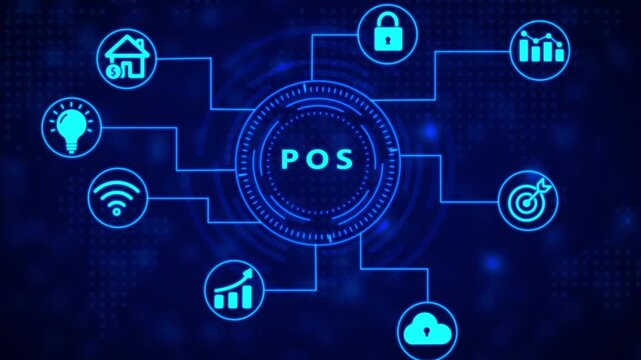 Futuristic digital interface with POS text in vibrant blue neon at the center of a circular diagram, connected to peripheral nodes against a dark blue digital map background with glowing dots