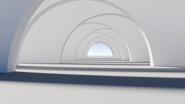 Modern 3D render of futuristic white arched vault corridor hallway leading to blue sky. Minimalist abstract architectural background