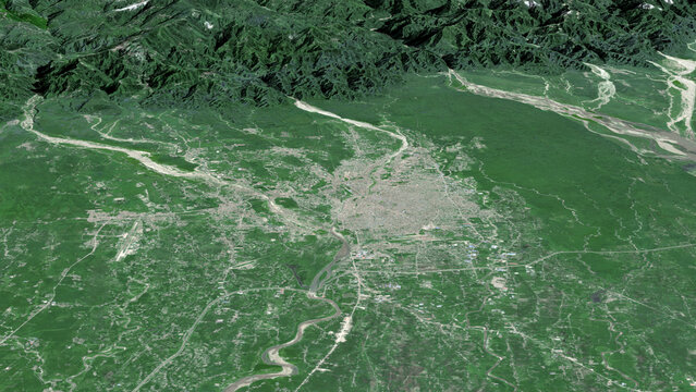 Oblique aerial 3D illustration of Siliguri, India