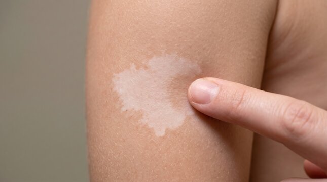 Close up of finger pointing at vitiligo depigmentation patch on arm skin