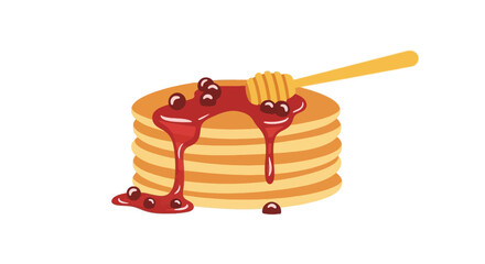 Stack of golden pancakes topped with red berry jam and honey dipper © bima