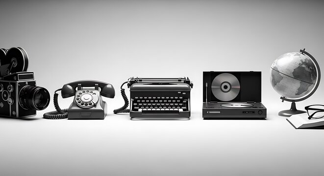 Collection of vintage technology and retro devices arranged on a surface