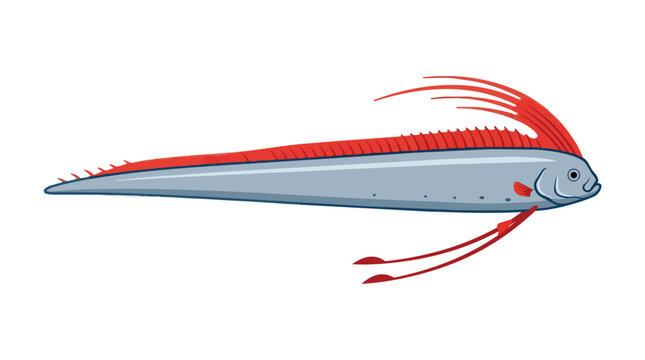 Majestic Giant Oarfish Swimming Deep Sea Marine Life Animal Illustration with Vibrant Red Fins and Long Silver Body