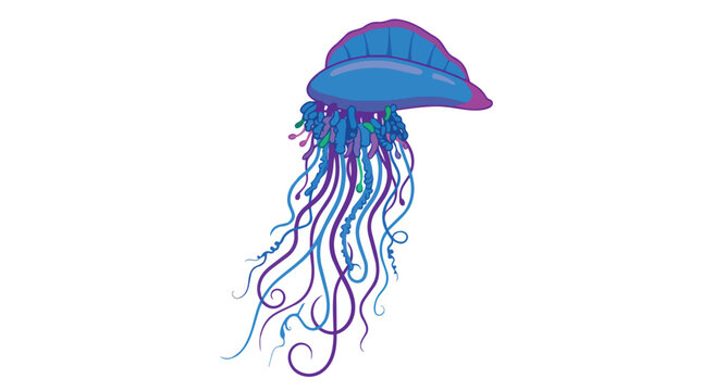 Vibrant Blue and Purple Portuguese Man o War Siphonophore Illustration for Marine Life and Nature Design