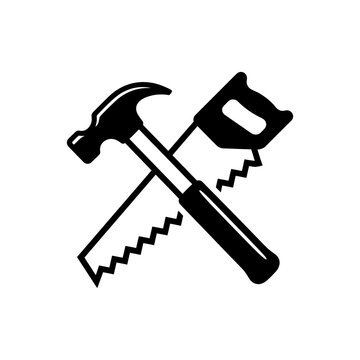 Black and white crossed hammer saw.
