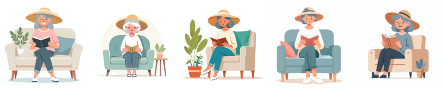 Vector illustration of a grandma sitting on a sofa reading a book with summer clothes