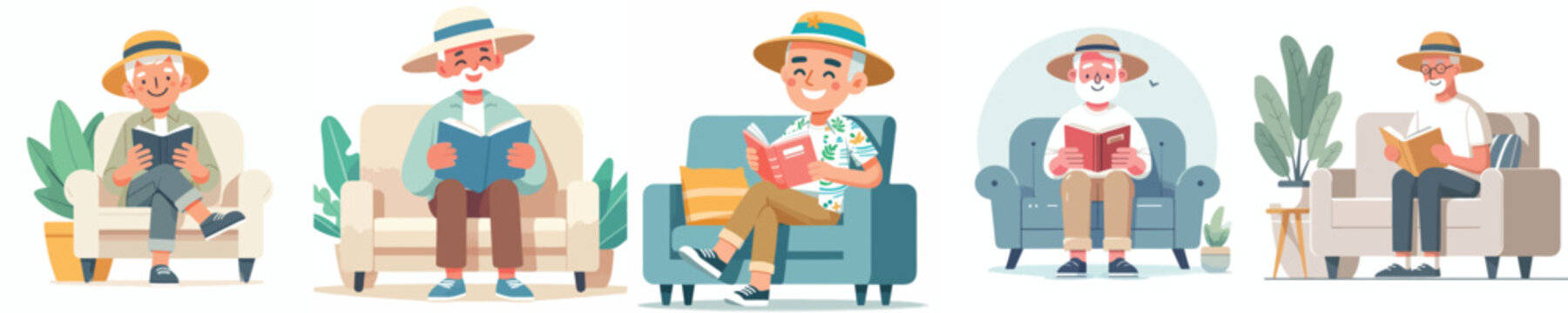 Vector illustration of a grandpa sitting on a sofa reading a book with summer clothes