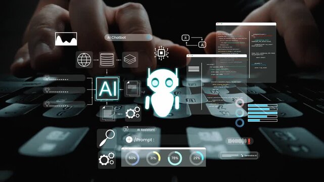 Digital interface with AI chatbot symbols and coding elements being inputted on a keyboard for technology and innovation themes Gluon.