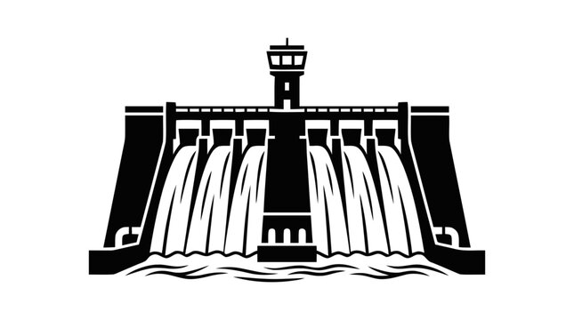 Vector illustration of vector illustration of a hydroelectric dam with water flowing on a transparent background