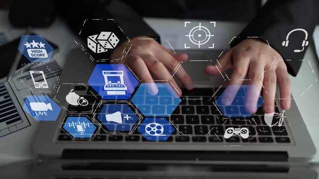 Gaming icons show online gaming, game streaming, and interactive play. Gaming supports esports, game community, and digital gaming experience. Funnel