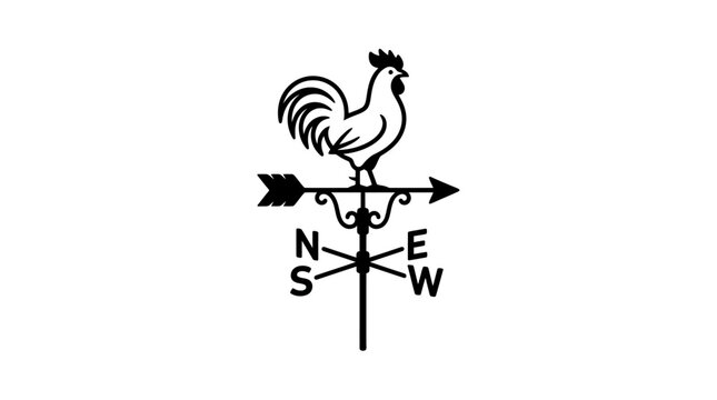A black and white illustration of a traditional rooster weather vane.
