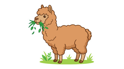 Naklejka premium Fluffy Brown Alpaca Eating Fresh Green Grass Cute Cartoon Animal Character for Kids Book and Nature Design