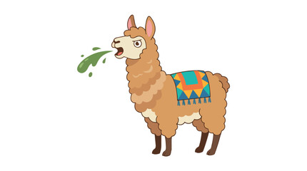 Naklejka premium Funny Cartoon Alpaca Spitting Green Goo and Wearing a Vibrant Tribal Blanket Isolated on White Background