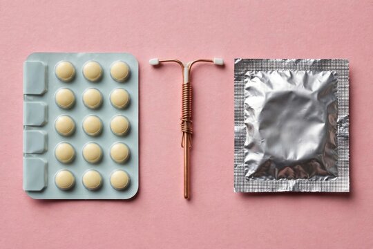 Contraceptive methods including birth control pills IUD and condom.