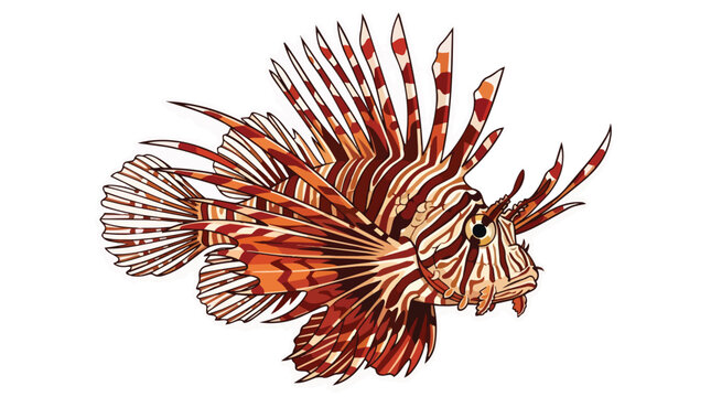 Vibrant Red and Brown Striped Lionfish Underwater Predator Illustration with Detailed Spines Isolated on White