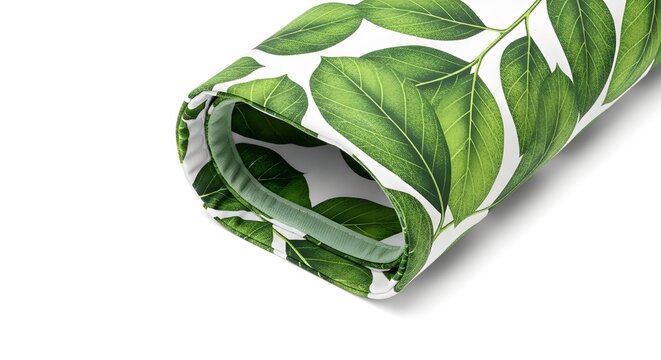 close up rolled fabric with green leaf print natural botanical pattern on white background
