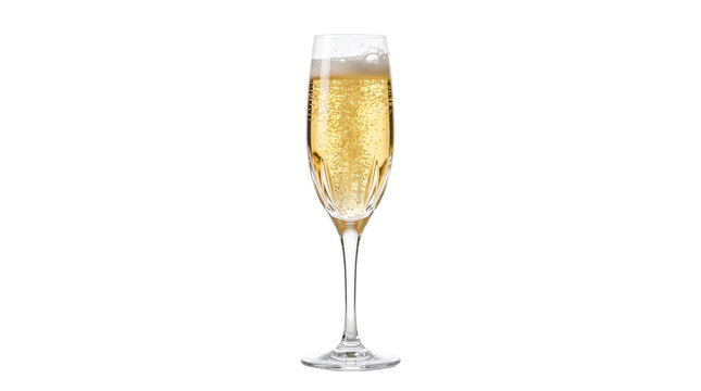 Champagne flute with sparkling wine, elegant crystal glass with golden bubbly liquid, celebratory drink isolated on white background
