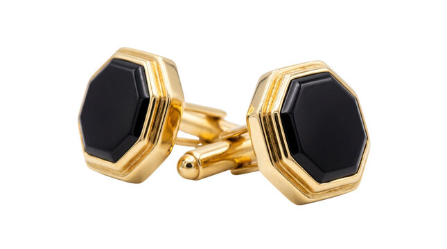 Elegant gold cufflinks with black onyx inlay, luxury men's formal accessories, octagonal gold and black cuff links isolated on white background