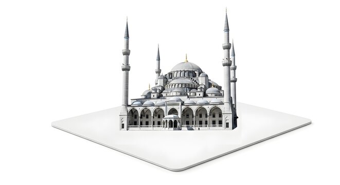 white mosque model with minarets detailed architecture isolated on white background