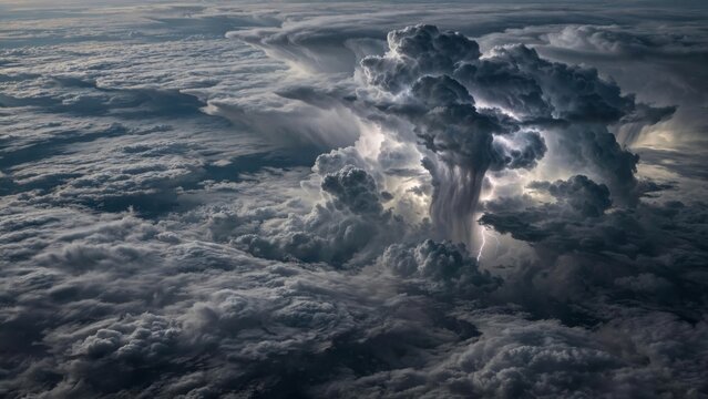 Dramatic Aerial View of Lightning Storm Over Clouds.