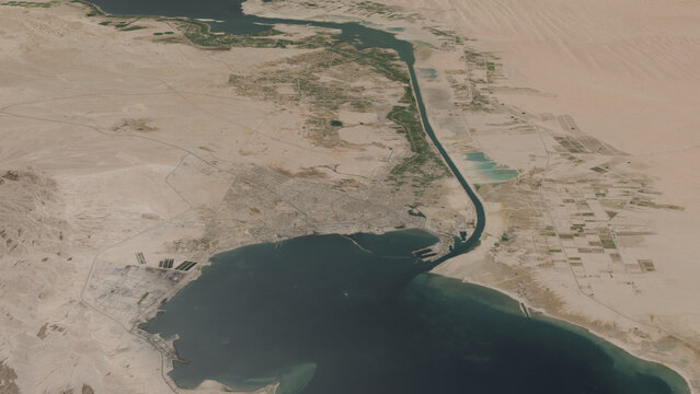 Oblique aerial 3D illustration of Suez, Egypt