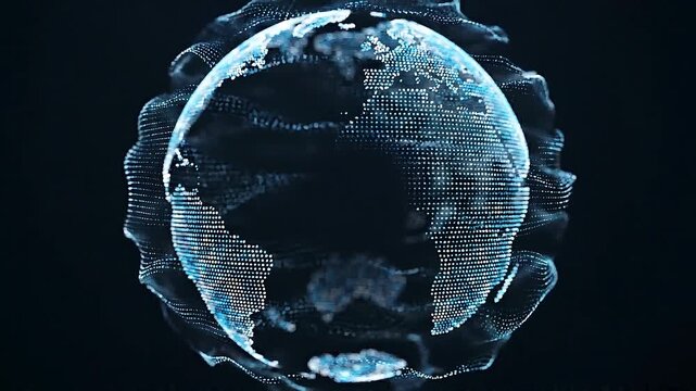 Digital Earth globe rotating with glowing blue data particles in cyberspace