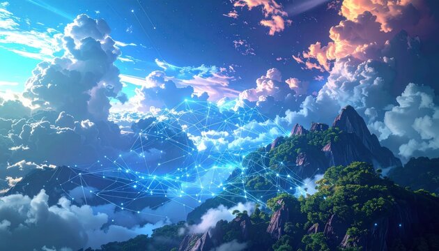 Futuristic digital cloud over green mountain peaks at night.