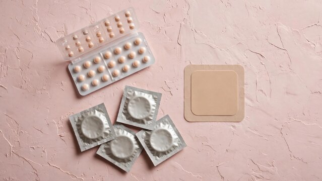 Collection of Contraceptive Methods Including Condoms Birth Control Pills and Patch.