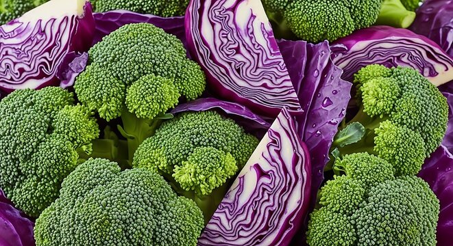 Fresh green broccoli and vibrant purple cabbage close up texture