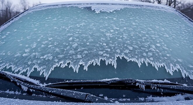 Frosted car windshield covered with thick ice in cold winter weather