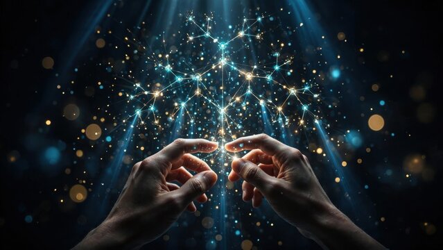 Abstract Network Connection Between Two Hands in Digital Space.