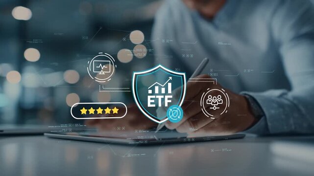 Retirement investing strategy with protected ETF portfolio, long term wealth accumulation, financial planning and finance executive reviewing investment goals in modern office