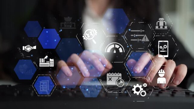 Predictive maintenance icons for industry, automation, smart factory and manufacturing showing data analysis, monitoring, robotics and system optimization with advanced maintenance solutions. Funnel