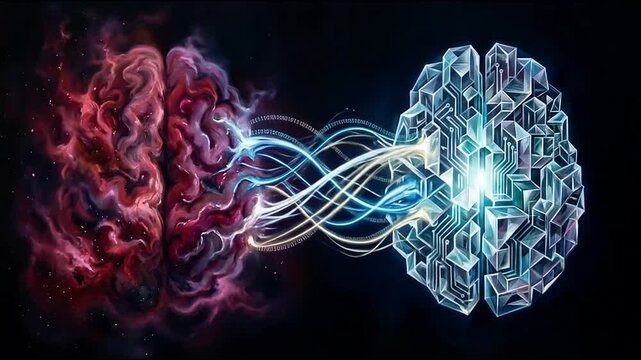 Human brain and crystalline digital mind neural connection concept.