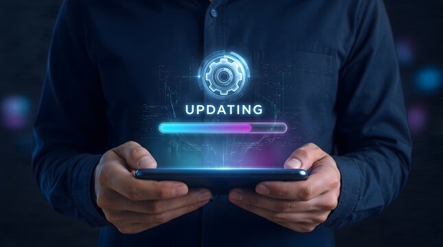 System update progress bar displayed on smartphone hologram for digital upgrade and software modernization