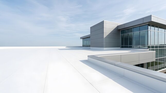 Commercial office building white flat roof area with modern glass facade and corporate architecture design under blue sky.