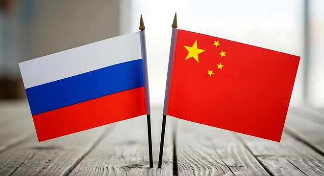 National flags of Russia and China on a distressed wooden surface