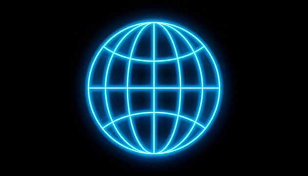 Glowing blue neon globe symbol on black background digital art.