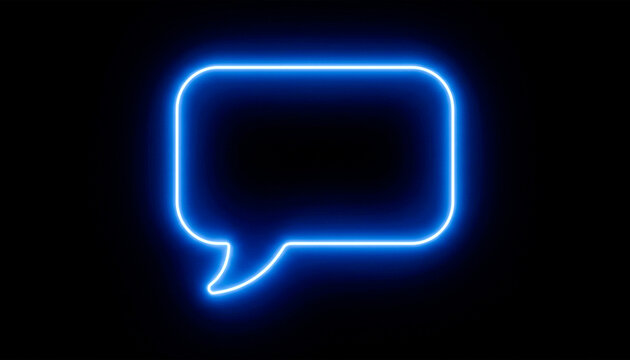 Speech bubble neon sign glowing bright blue light on black background.