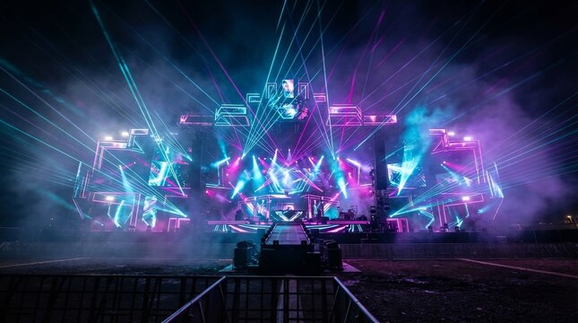 Vibrant laser light show illuminates outdoor stage at night with atmospheric smoke