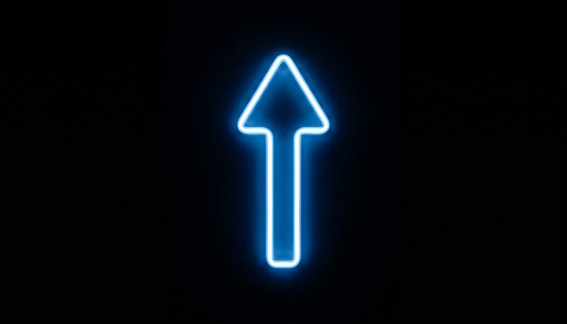 Blue neon arrow pointing up on black background simple sign.